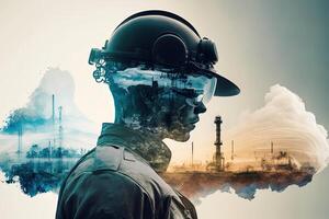 Conceptual graphic design of an energy sector and future manufacturing. With double exposure artwork, an oil, gas, and petrochemical refinery facility demonstrates the future of power. photo
