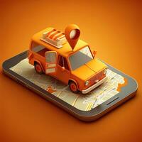 Online mobile application taxi ordering service , Orange taxi car driving along the route to the marker on a smart phone, on a city map. Car and satellite navigation systems concept. photo