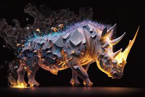 fusion of metal Rhino exploding through fire surrounded by scattered glass shards and debris, cosmic energy photo