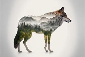 doble exposición generativo ai de un lobo y selva en blanco antecedentes. cámping concepto. Clásico oso pardo para camiseta diseño, pegatina, póster, y fondo de pantalla. foto