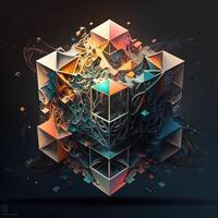 tesseract with fractal design in order and chaos. Abstract multiverse world with cubic . Creative surreal earth environment by puzzle artwork construction photo