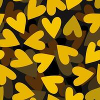 Vector seamless pattern with yellow and brown hearts on dark background.