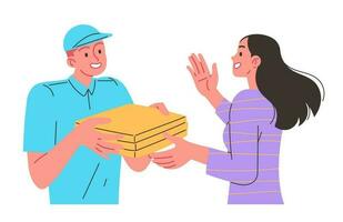 Courier hands pizza to woman, home delivery vector