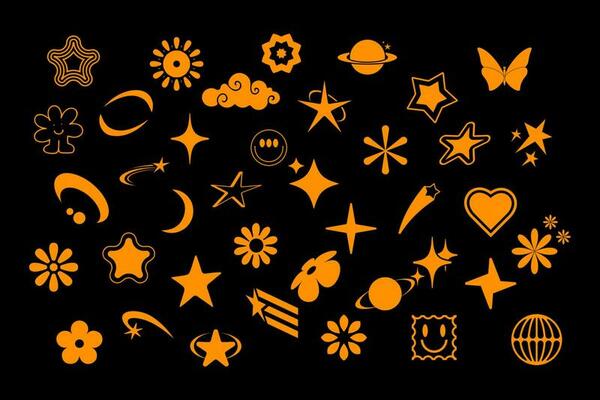 collection of abstract graphic geometric symbols and objects in y2k style. Retro futuristic elements for design