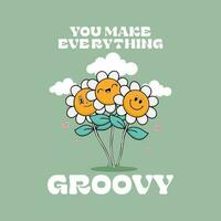 Slogan Print with groovy flowers and Smiling face, 70's Groovy Themed Hand Drawn vector