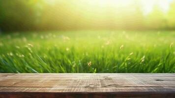 Disorienting spring common establishment with green unused delightful energized grass and cleanse wooden table in nature morning open see at. Creative resource, Video Animation