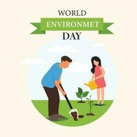 World Environment Day Concept. Planting Tree a Father and Help Her Cute Daughter vector