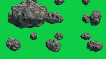 3d rotating big asteroid rock falling down animation on green screen background video