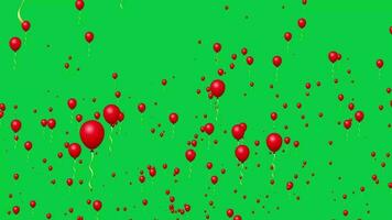 veel van rood ballonnen vliegend omhoog animatie geïsoleerd Aan groen scherm achtergrond 4k video