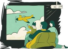 Vector illustration of a man and woman sitting in front of the window and watching the plane