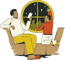 Vector illustration of two friends watching TV at home. Men and women sitting in armchair.