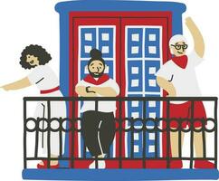 person in the window. Vector illustration of a group of people sitting on the balcony and talking.