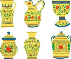 Set of vases with patterns. Vector illustration in flat style.