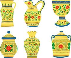 Set of vases with patterns. Vector illustration in flat style.