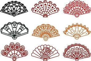 Japanese hand fan vector icon set. Hand drawn asian fan collection.