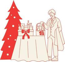 Vector illustration of a man in a suit and a woman in a fur coat with a Christmas tree.