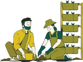 Gardener and gardener working together in the garden vector illustration