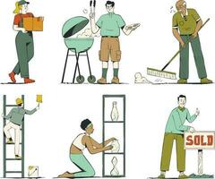 trabajador colocar. conjunto de personas haciendo casa trabajar. masculino y hembra dibujos animados caracteres. vector ilustración