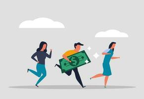 Saving money, people carry a banknote and run. Capital or wages for company employees. Bank insurance of funds and investments in the future. Vector illustration