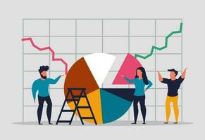 Graph analysis, company profit statistics. Team analyzes data together, teamwork. Large amount data for analysis and information concept. Chart analysis and business information. Vector illustration