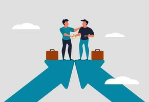 Cooperation of two businessmen, business partners. Joint work of two men and business negotiations. Men stand on the arrows and shake hands. Vector illustration