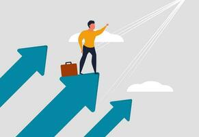 Businessman moves forward and develops his company. Growth and financial progress. A man stands on the arrows and points up. Vector illustration