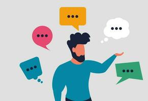 Communication and speaking skills. People verbal skills and people conversations as a communication tool. A young businessman is talking while there are speech bubbles around. Vector illustration