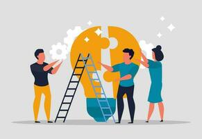 Team collaboration to create ideas. People assemble a light bulb as a puzzle as team. Team problem solving and business success concept. Businessmen and business woman unite. Vector illustration