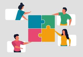 Working together as a team and people collaborating to solve problems. Colleagues and joint project success. People put the pieces of the puzzle together. Vector illustration concept