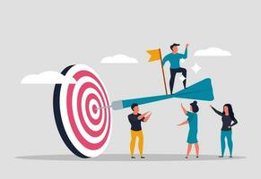 Achievement of a business goal. The team celebrates the victory together with the leader. Teamwork completion goal. Successful businessman holds a flag and stands on a dart hitting the bullseye target vector