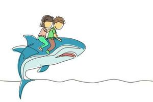 Single one line drawing little boy and girl riding inflatable shark together. Kids sitting on back shark in swimming pool. Shark ocean fish in deep water. Continuous line draw design graphic vector