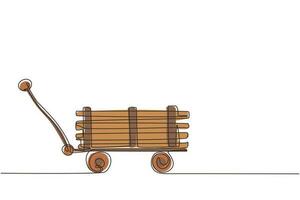 Continuous one line drawing toy mini wagon with wooden. Farm wheelbarrow. Equipment of garden cart for gardening, harvesting, planting seedlings. Single line draw design vector graphic illustration