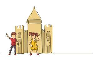 Single one line drawing kids with cardboard castle for school play. Cheerful children playing in castle made of cardboard boxes. Creative kid playing castle. Continuous line draw design graphic vector