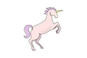 Continuous one line drawing unicorn lift two front legs. Black jumping fictional fairy animal. Magical unicorn running on wind. Childhood fantasy. Single line draw design vector graphic illustration