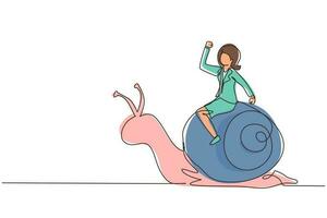 Single one line drawing businesswoman rides snail. Weak competitor. Ineffective manager, bad solution. Slow business progress, laziness. Modern continuous line draw design graphic vector illustration