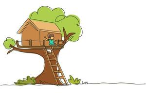 una sola línea continua dibujando a un niño feliz en la casa del árbol, una niña pequeña jugando en el parque infantil, una casa del árbol con escalera de madera, un lugar para juegos infantiles en verano. vector de diseño gráfico de dibujo de una línea