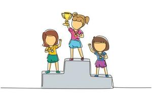 Single continuous line drawing cute girl standing on podium as sport competition winner. Championship celebration. Happy cute kid win game gold trophy. One line draw graphic design vector illustration