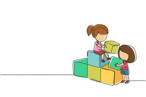 Continuous one line drawing two little girls playing blocks cube toys together. Educational toys. Children playing designer cubes, developmental constructor. Single line draw design vector graphic