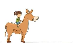 Single one line drawing happy cute girl riding cute donkey. Child sitting on back donkey with saddle in ranch park. Kid learning to ride donkey. Continuous line draw design graphic vector illustration