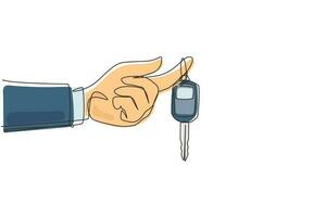 Single one line drawing hand holding hanging car key and alarm system. Hand holding car key with alarm keychain. Hand of car salesman manager holding key. Continuous line draw design graphic vector