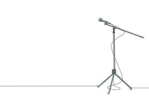 Single one line drawing microphone with cable on stand isolated on white background. Standing microphone on stage for sing competition. Modern continuous line draw design graphic vector illustration