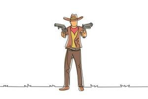 Continuous one line drawing wild west gunslinger holding two guns. American cowboys aiming two pistols in the desert. Weapons for self-defense. Single line draw design vector graphic illustration