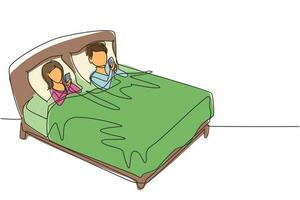 Single one line drawing couple lying in bed and looking at phone playing games on gadgets. Home leisure spare time. People spending free time. Continuous line draw design graphic vector illustration