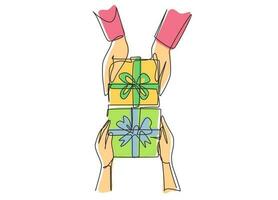 Single one line drawing gives gift new year presents laid on wooden table background. Birthday presents cardboard box with ribbon bow. Modern continuous line draw design graphic vector illustration