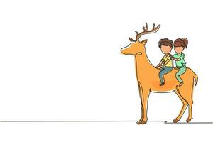 Continuous one line drawing happy boy and girl riding deer together. Children sitting on back deer with saddle in ranch ground. Kids learning to ride reindeer. Single line draw design vector graphic