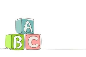 Cubos de alfabeto de dibujo de una sola línea con letras abc. torre de construcción de bloques. bloques de construcción de letras abc. cubos del alfabeto con letras. ilustración de vector gráfico de diseño de dibujo de línea continua moderna