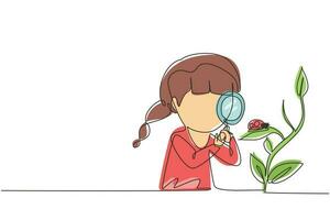 Single one line drawing little girl using magnifying glass and observing ladybug on leaf. Children observing nature. Kids activities. Modern continuous line draw design graphic vector illustration