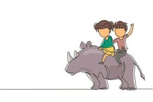 Single one line drawing happy boy and girl riding rhino rhinoceros together. Children sitting on back rhinoceros in zoo. Kids learning to ride rhinoceros. Continuous line draw design graphic vector