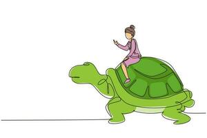 Continuous one line drawing businesswoman riding huge turtle. Slow movement to success, manager driving giant tortoise. Business competition concept. Single line design vector graphic illustration