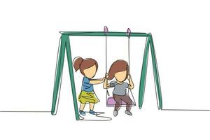 Single one line drawing cute little girl swinging on swing and her friend helped push from behind. Kids playing swing together in kindergarten playground. Continuous line draw design graphic vector